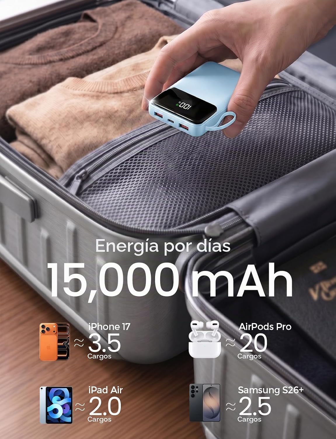 BANCO DE ENERGÍA, CARGADOR PORTÁTIL DE 15000 MAH CON CABLE INTEGRADO, CARGA RÁPIDA DE 22.5 W, 6 SALIDAS, BATERÍA ESENCIAL - 2