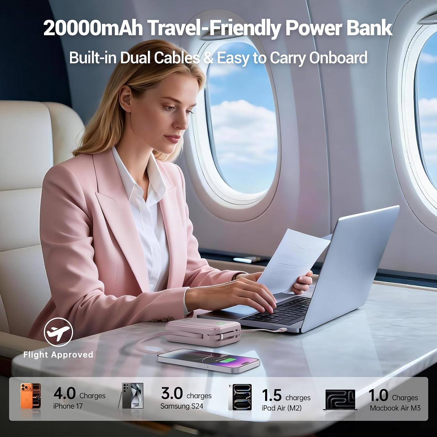 HICHAIN CARGADOR PORTÁTIL DE 20000 MAH, BANCO DE ENERGÍA DE 35 W, BATERÍA DE CARGA RÁPIDA CON CABLES DUALES, BANCO - 2