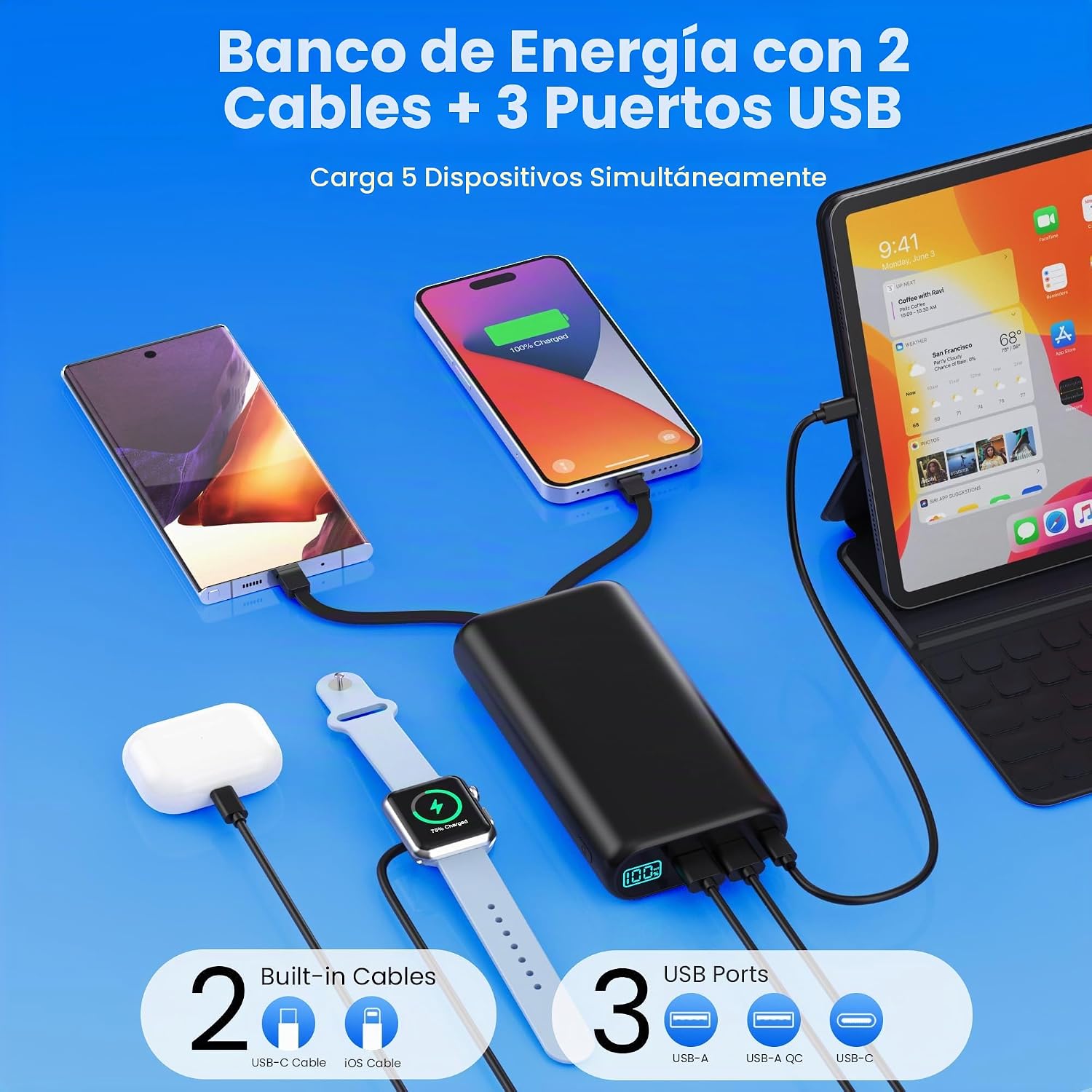 CARGADOR PORTÁTIL 40,800MAH BANCO DE ENERGÍA CON CABLES INTEGRADOS, 5 SALIDAS USB PAQUETE DE BATERÍA DE RESPALDO, 25W PD USB - 2