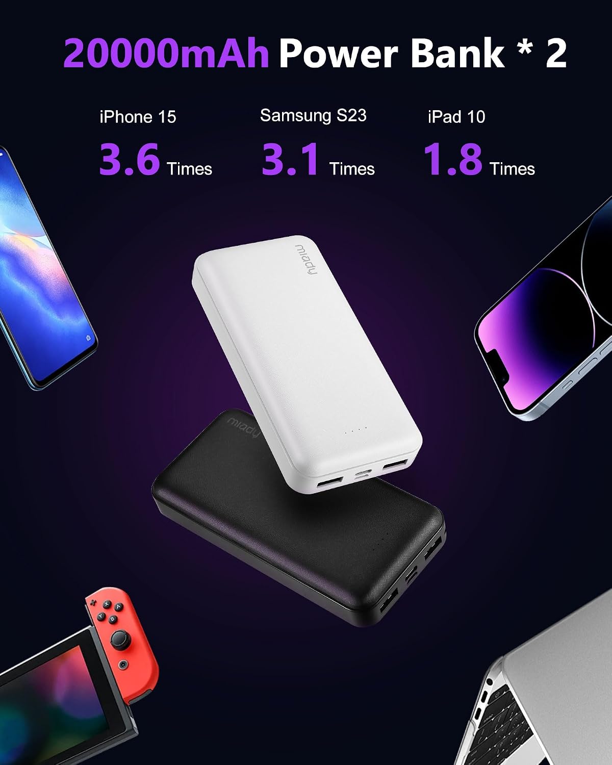 MIADY PAQUETE DE 2 BATERÍAS DE VIAJE DE CARGADOR PORTÁTIL 22.5W POWER BANK - 2