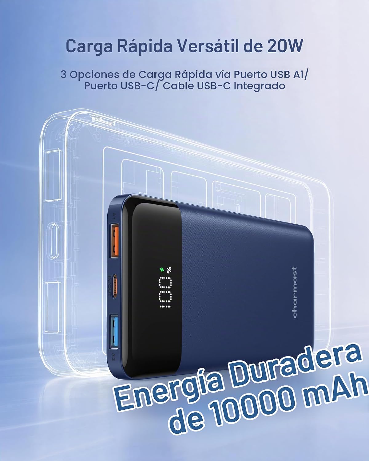 CHARMAST CARGADOR PORTÁTIL DE CARGA RÁPIDA, 4 CABLES INCORPORADOS, 6 SALIDAS Y 4 ENTRADAS - 2