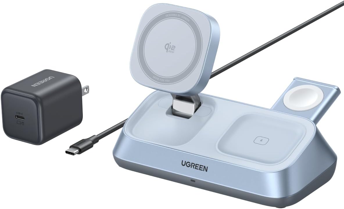UGREEN SOPORTE DE CARGA INALÁMBRICA 3 EN 1 MAGFLOW CON CERTIFICACIÓN QI2 DE 25W, CARGADOR INALÁMBRICO RÁPIDO MAGSAFE - 1