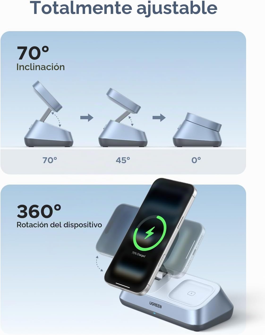 UGREEN SOPORTE DE CARGA INALÁMBRICA 3 EN 1 MAGFLOW CON CERTIFICACIÓN QI2 DE 25W, CARGADOR INALÁMBRICO RÁPIDO MAGSAFE - 6