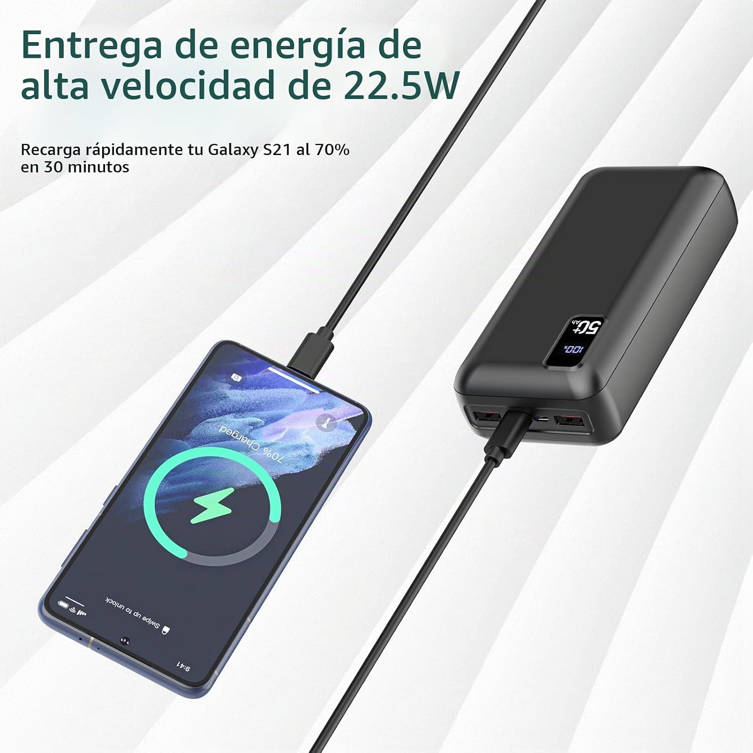 POIYTL POWER BANK 50000MAH 22.5W CARGADOR PORTÁTIL DE CARGA RÁPIDA USB-C DE CARGA RÁPIDA CON 3 SALIDAS Y 2 ENTRADAS PANTALLA - 6