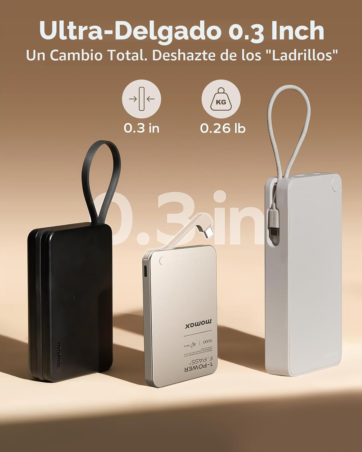 MOMAX BANCO DE ENERGÍA PORTÁTIL ULTRADELGADO DE 5000MAH CON CABLE USB-C INTEGRADO, BATERÍA DE CARGA RÁPIDA PD 20W - 2