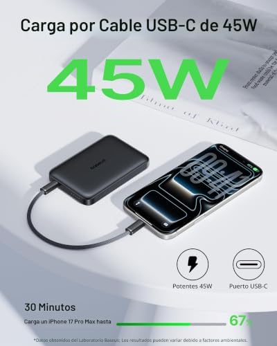 BASEUS QI2.2 - CARGADOR PORTÁTIL MAGSAFE DE 25 W, BATERÍA MAGNÉTICA INALÁMBRICA DE 10000 MAH CON CABLE USB-C DE 45 W PD - 5