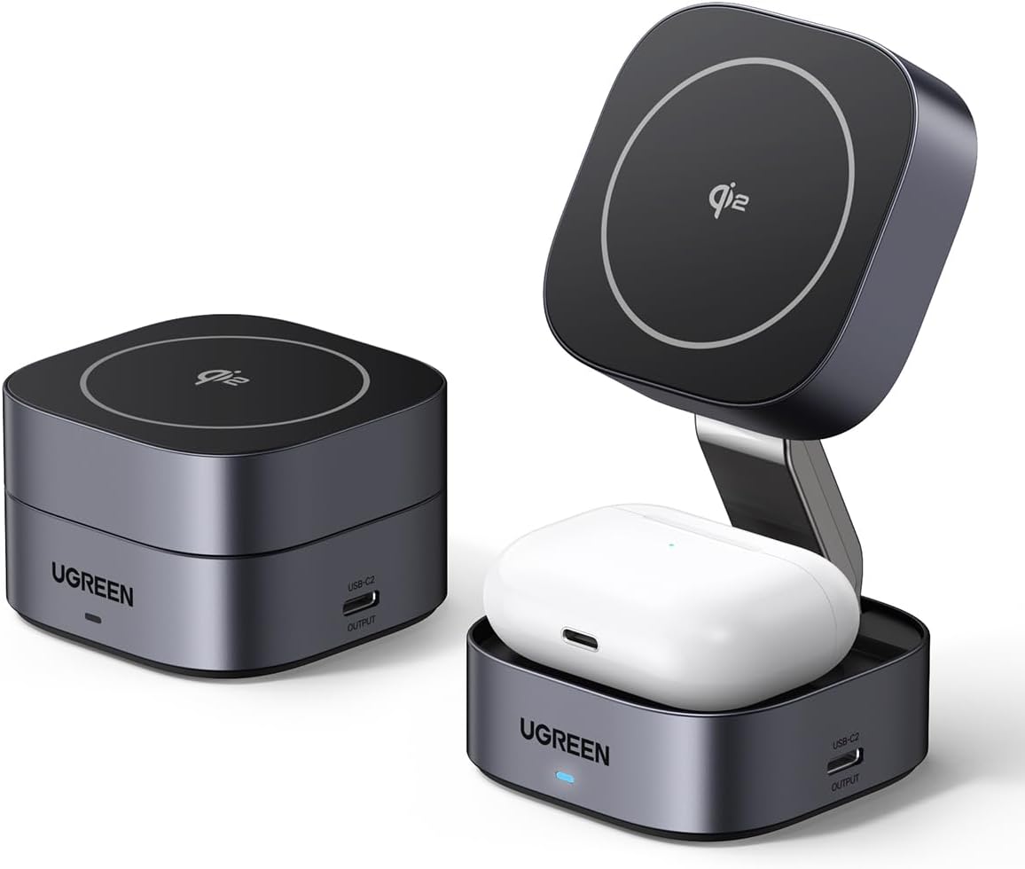 UGREEN MAGFLOW QI2 - ESTACIÓN DE CARGA PLEGABLE MAGNÉTICA, CARGADOR INALÁMBRICO RÁPIDO 2 EN 1 COMPATIBLE CON IPHONE 17/17 - 1