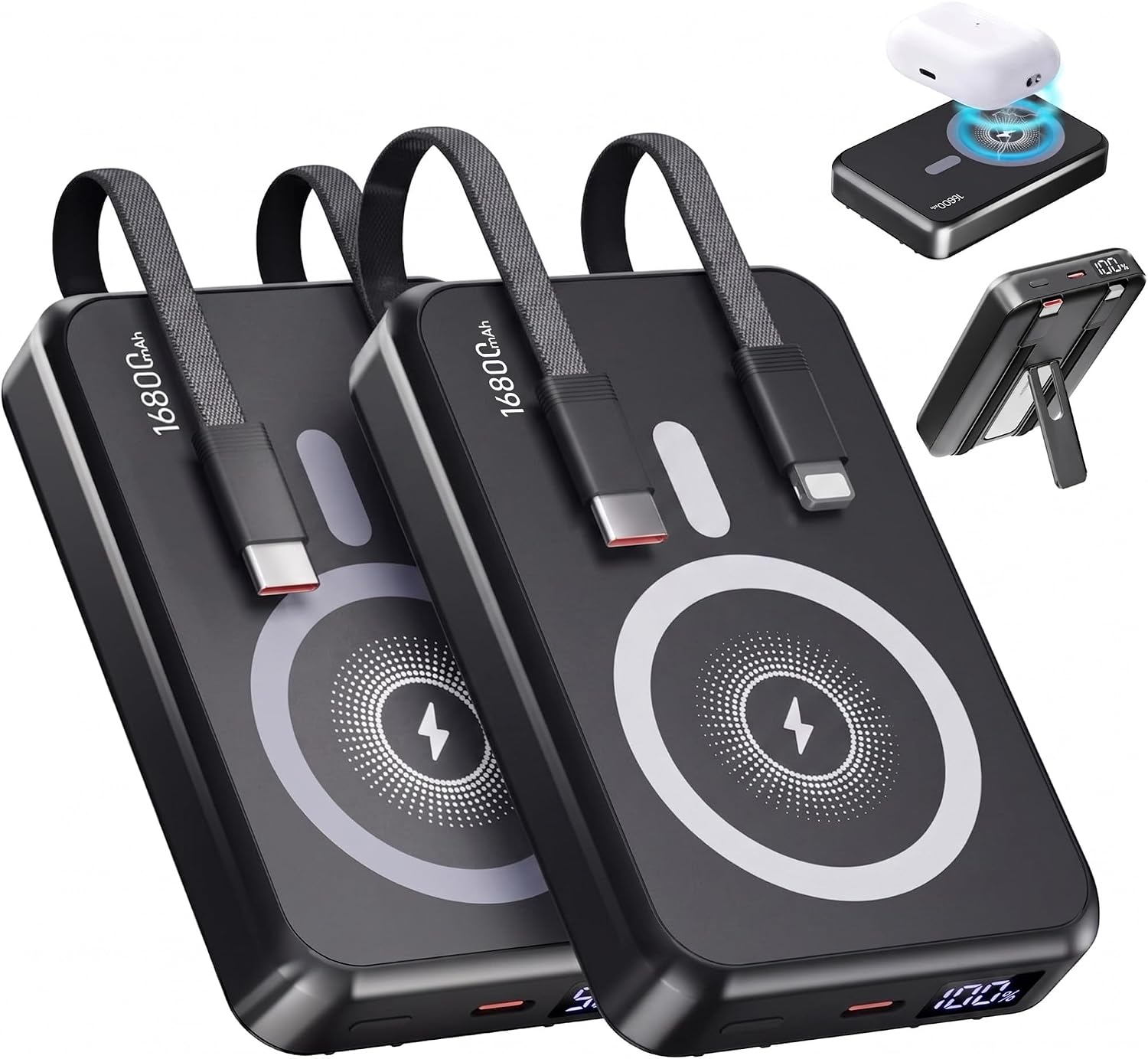 2-PACK 16800MAH MAGNETIC POWER BANK WITH BUILT-IN CABLES Y STAND - 1