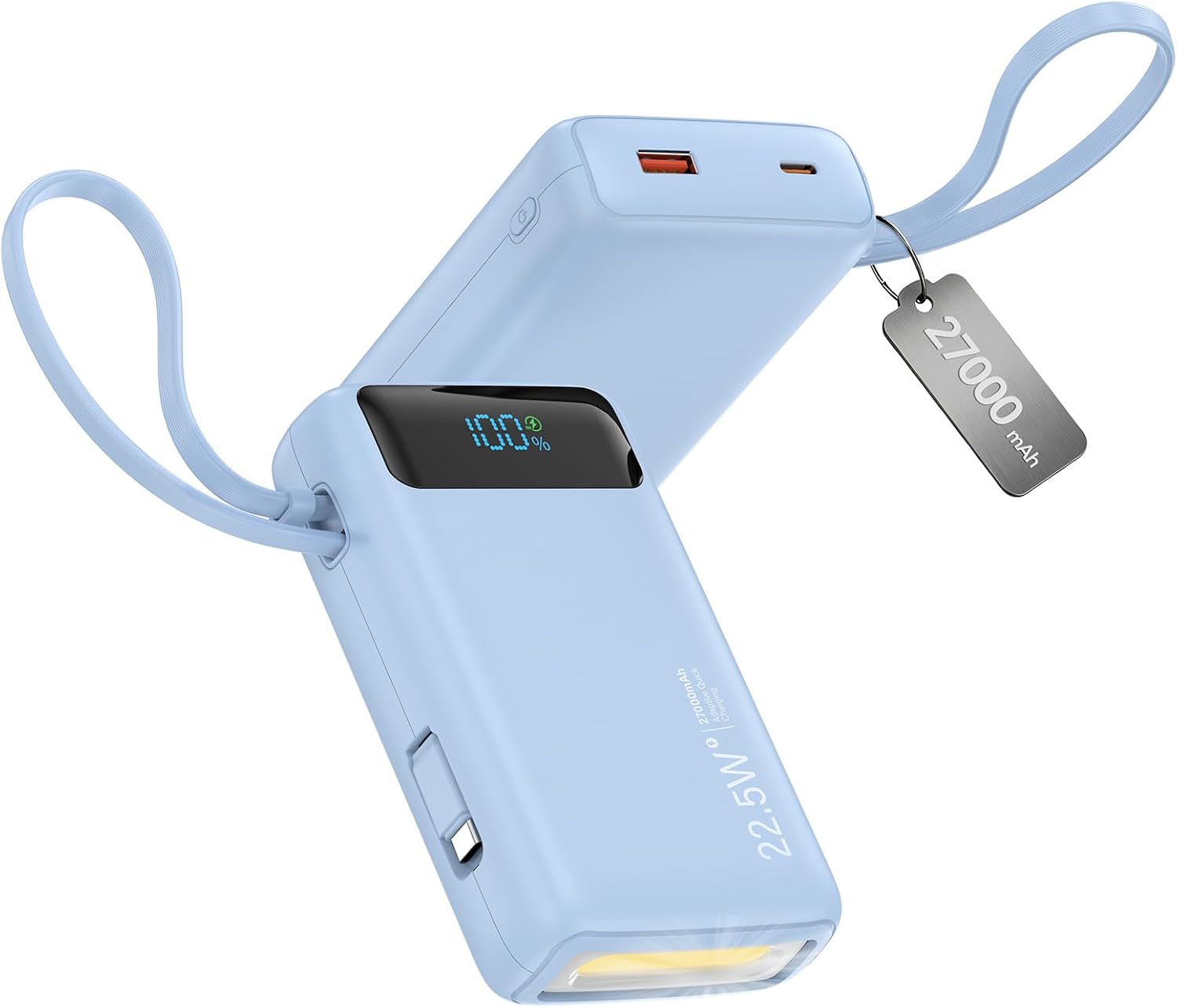 NUSYDDY CARGADOR PORTÁTIL 27000MAH 22.5W W/CABLE INCORPORADO Y PANTALLA LED AZUL - 1
