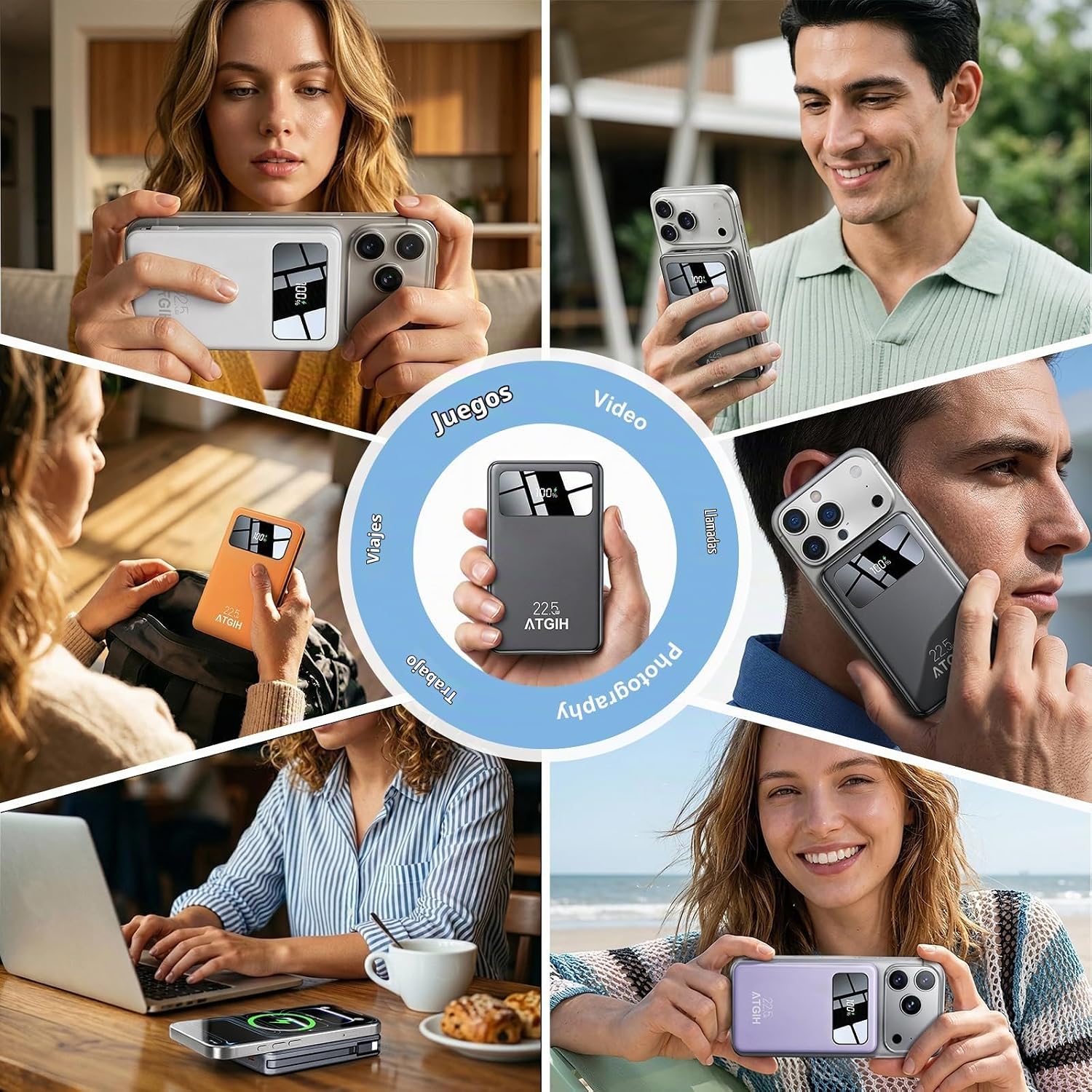 BANCO DE ENERGÍA INALÁMBRICO MAGNÉTICO DE 10000 MAH, CARGADOR PORTÁTIL 5 EN 1 CON 2 CABLES INCORPORADOS, BATERÍA MAGNÉTICA - 6