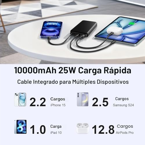 JUOVI CARGADOR PORTÁTIL DEL BANCO DE ENERGÍA 25W 10000MAH CON EL CABLE INCORPORADO - 6