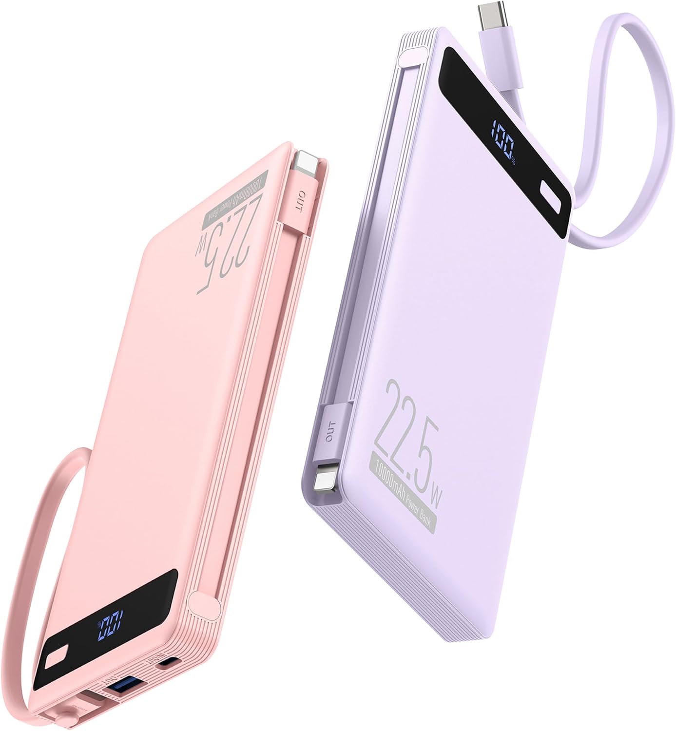PAQUETE DE 2 CARGADORES PORTÁTILES DE 10000 MAH 22.5 W, CABLES INCORPORADOS, PK Y PUR - 1