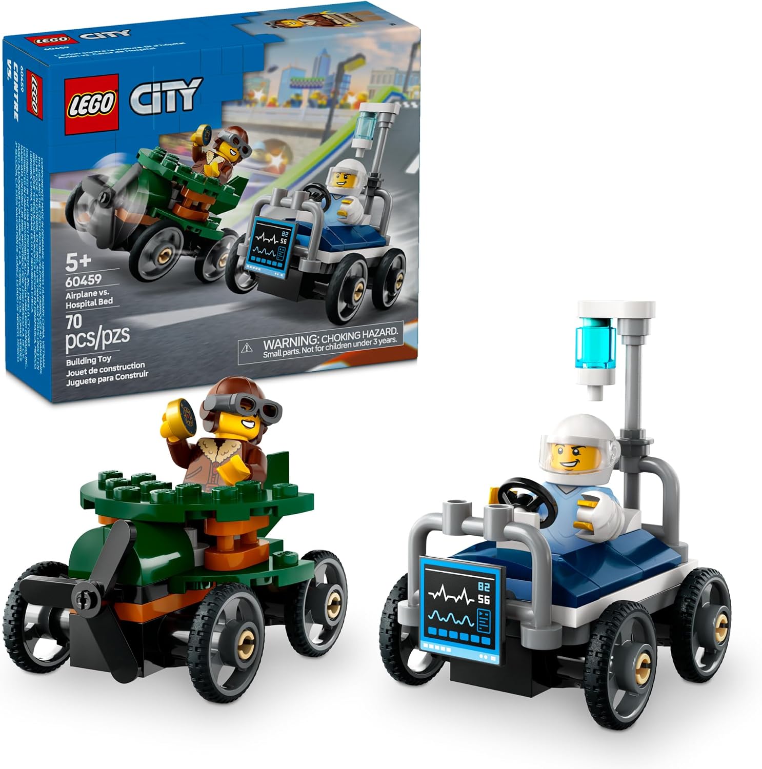 LEGO CITY JUEGO DE VEHÍCULOS DE CARRERA DE AVIÓN VS. CAMA DE HOSPITAL PARA NIÑOS, NIÑAS Y NIÑOS, EDADES 5 - REGALO - 1