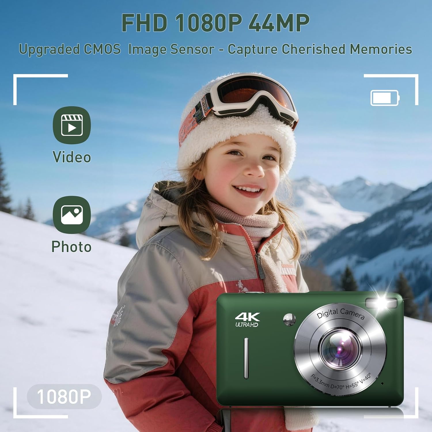 CÁMARA DIGITAL, 44MP FHD 1080P APUNTA Y DISPARA, CÁMARA DIGITAL CON ANTIVIBRACIÓN, PEQUEÑA CÁMARA COMPACTA CON DETECCIÓN - 2
