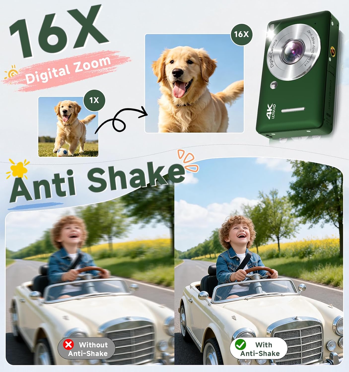 CÁMARA DIGITAL, 44MP FHD 1080P APUNTA Y DISPARA, CÁMARA DIGITAL CON ANTIVIBRACIÓN, PEQUEÑA CÁMARA COMPACTA CON DETECCIÓN - 3