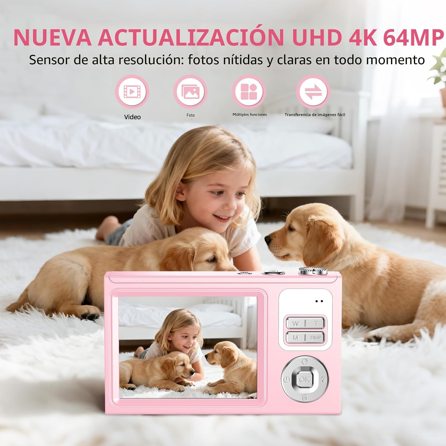 CÁMARA DIGITAL PARA NIÑOS Y PRINCIPIANTES, CÁMARA DIGITAL 4K CON TARJETA SD DE 64 GB, ZOOM 16X, CÁMARA COMPACTA DE APUNTAR - 2
