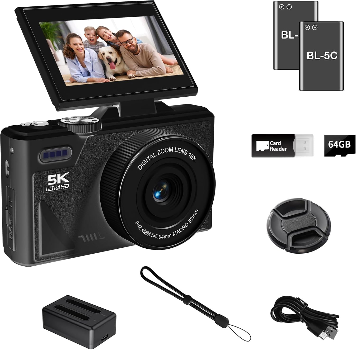 CÁMARA DIGITAL 5K PARA FOTOGRAFÍA CON WIFI, CÁMARA DE VLOGGING ULTRA HD DE 75MP PARA YOUTUBE CON PANTALLA ABATIBLE DE 180 - 1