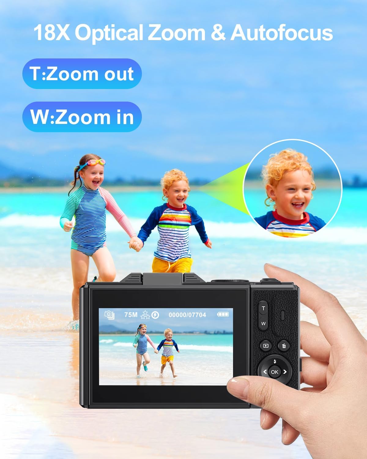 CÁMARA DIGITAL 5K PARA FOTOGRAFÍA CON WIFI, CÁMARA DE VLOGGING ULTRA HD DE 75MP PARA YOUTUBE CON PANTALLA ABATIBLE DE 180 - 4