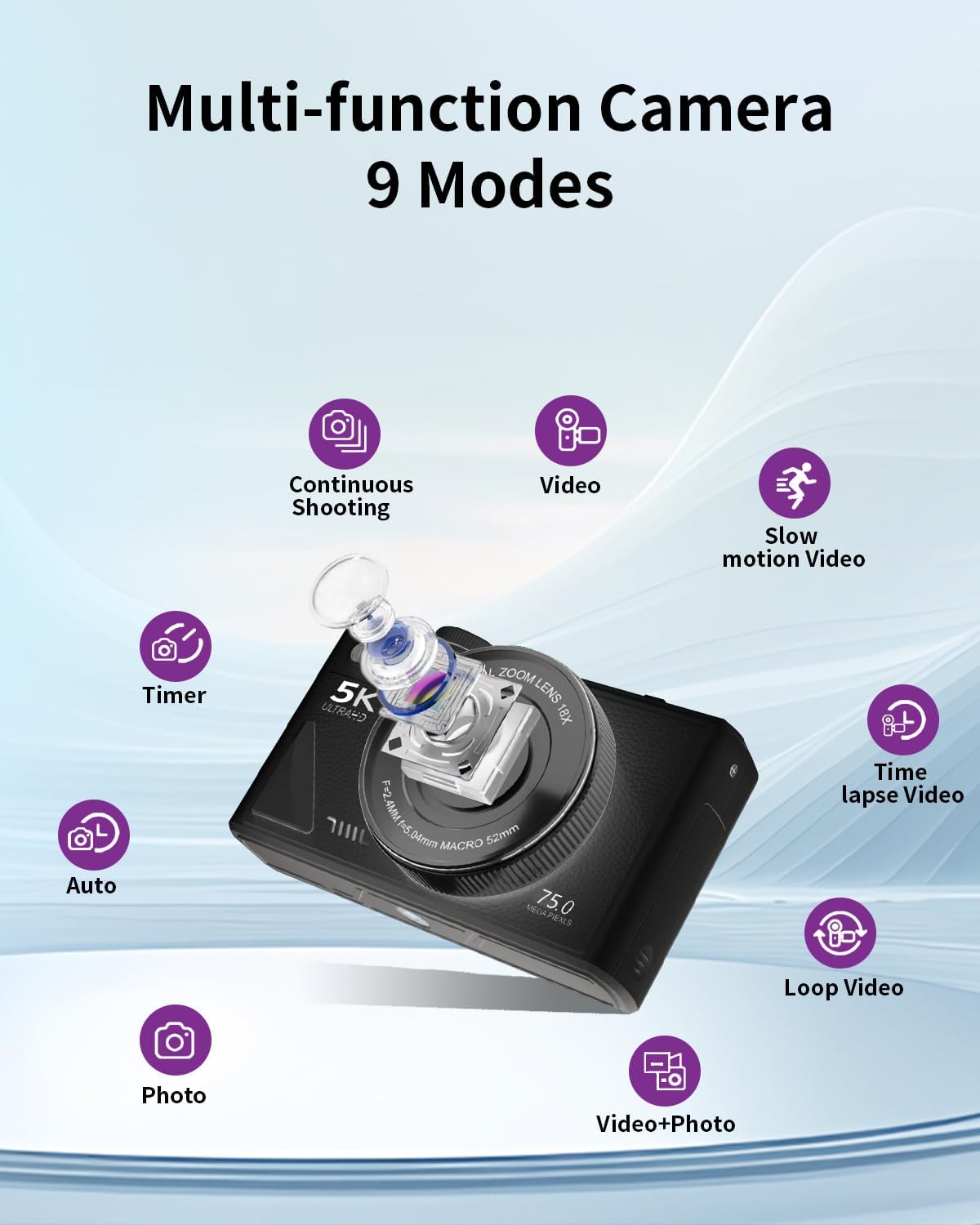 CÁMARA DIGITAL 5K PARA FOTOGRAFÍA CON WIFI, CÁMARA DE VLOGGING ULTRA HD DE 75MP PARA YOUTUBE CON PANTALLA ABATIBLE DE 180 - 6