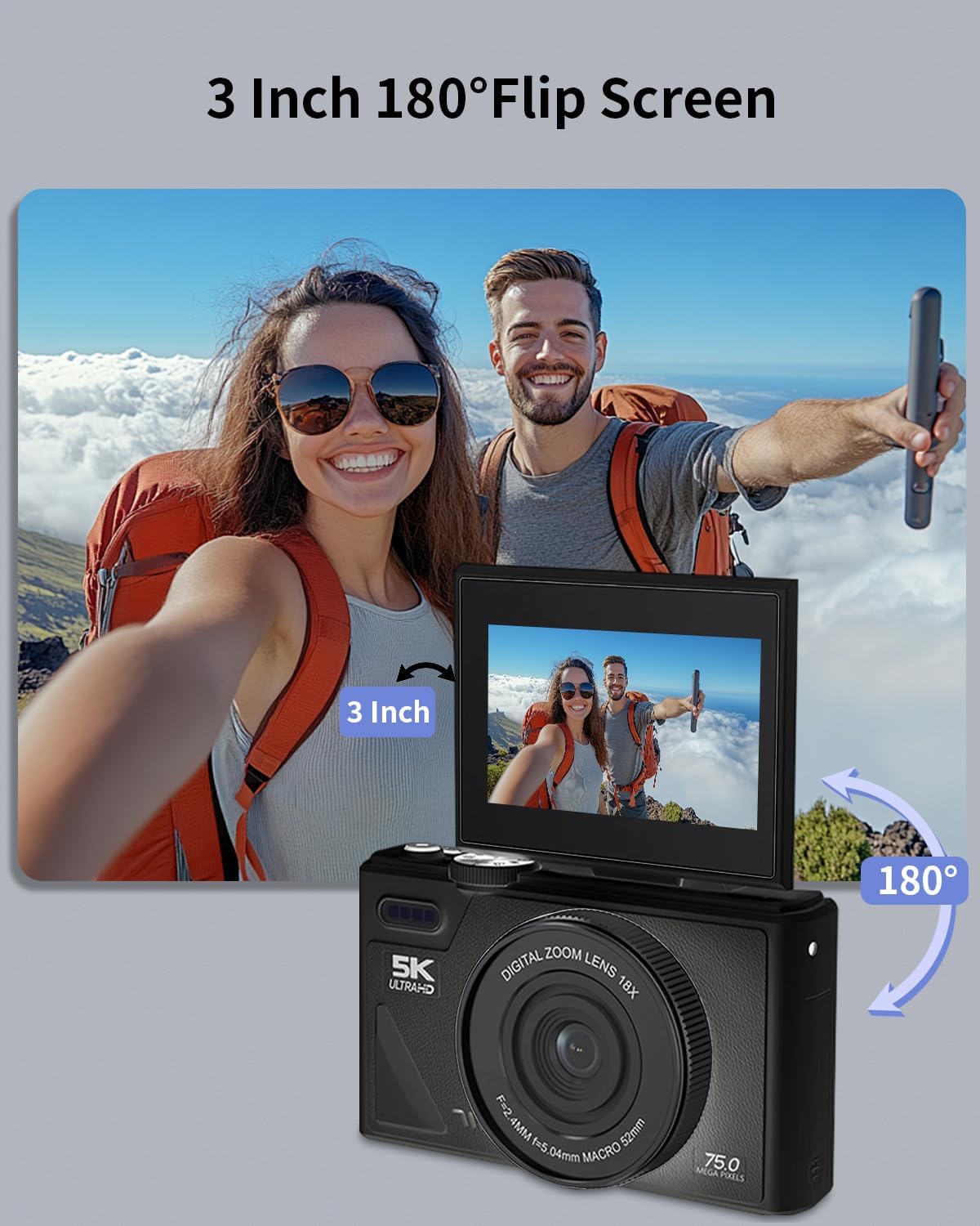 CÁMARA DIGITAL 5K PARA FOTOGRAFÍA CON WIFI, CÁMARA DE VLOGGING ULTRA HD DE 75MP PARA YOUTUBE CON PANTALLA ABATIBLE DE 180 - 7