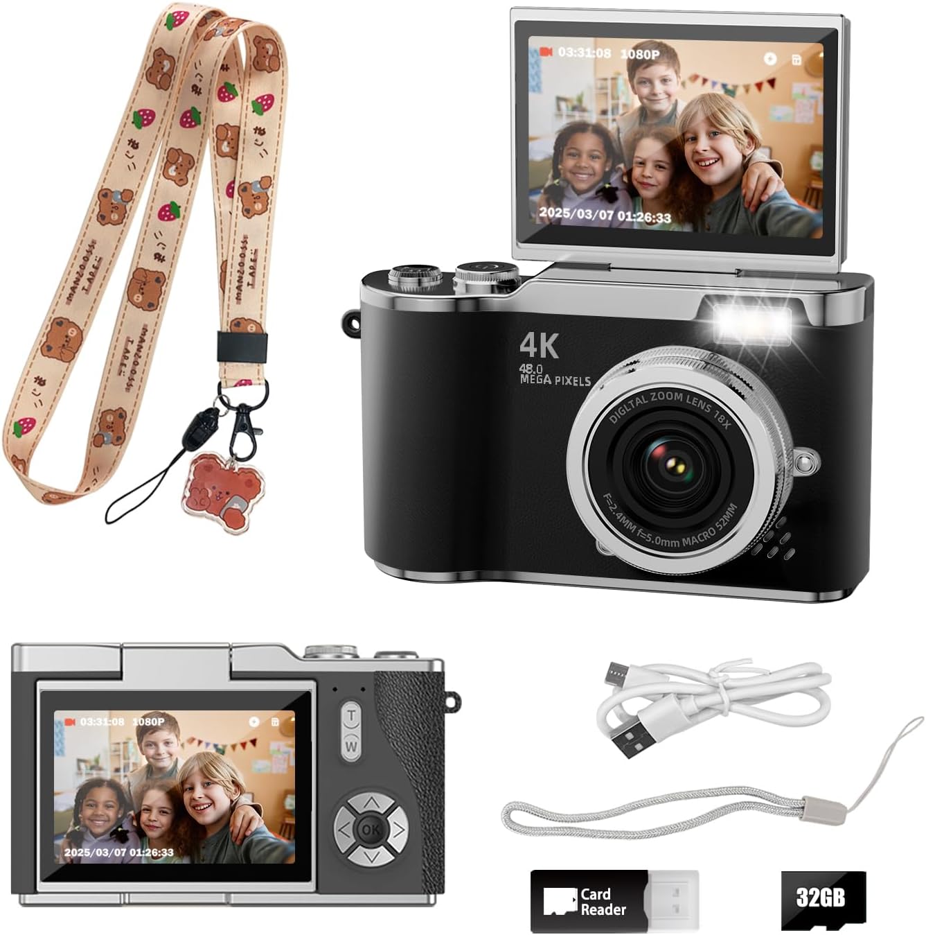 CÁMARA PARA NIÑOS, CÁMARA DIGITAL 4K PARA FOTOGRAFÍA, CÁMARA DE VIDEO SELFIE HD 1080P DE 48MP, CON PANTALLA GIRATORIA DE 180 - 1