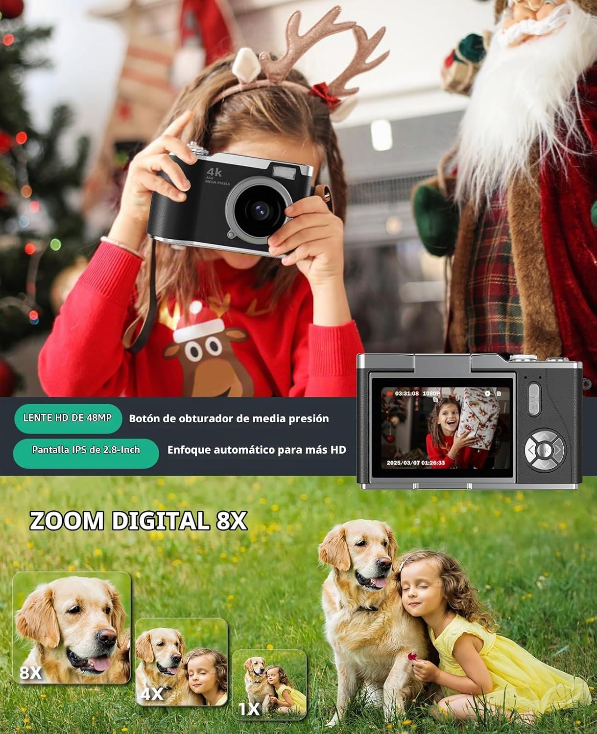 CÁMARA PARA NIÑOS, CÁMARA DIGITAL 4K PARA FOTOGRAFÍA, CÁMARA DE VIDEO SELFIE HD 1080P DE 48MP, CON PANTALLA GIRATORIA DE 180 - 2