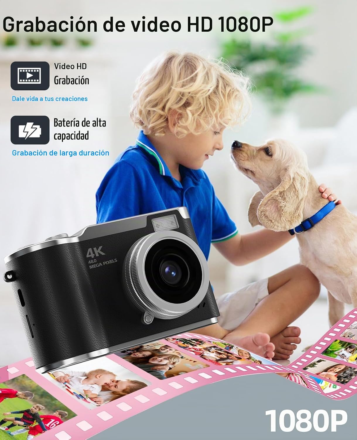 CÁMARA PARA NIÑOS, CÁMARA DIGITAL 4K PARA FOTOGRAFÍA, CÁMARA DE VIDEO SELFIE HD 1080P DE 48MP, CON PANTALLA GIRATORIA DE 180 - 4