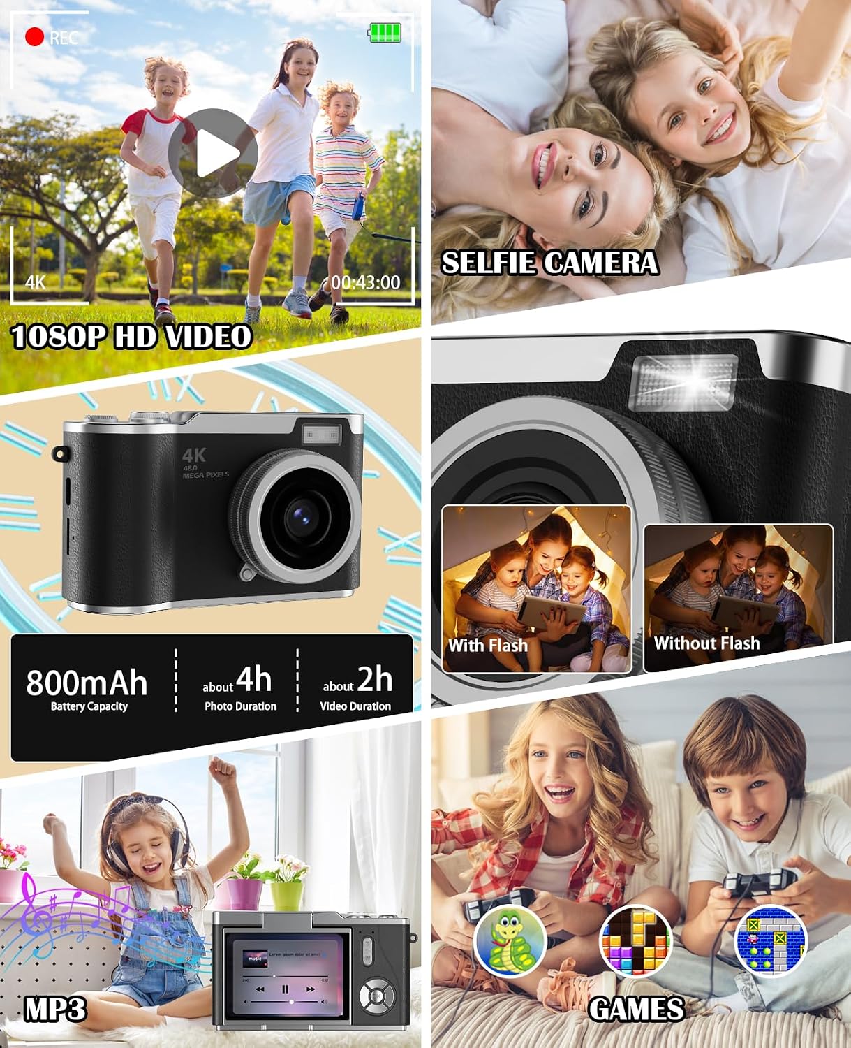 CÁMARA PARA NIÑOS, CÁMARA DIGITAL 4K PARA FOTOGRAFÍA, CÁMARA DE VIDEO SELFIE HD 1080P DE 48MP, CON PANTALLA GIRATORIA DE 180 - 5