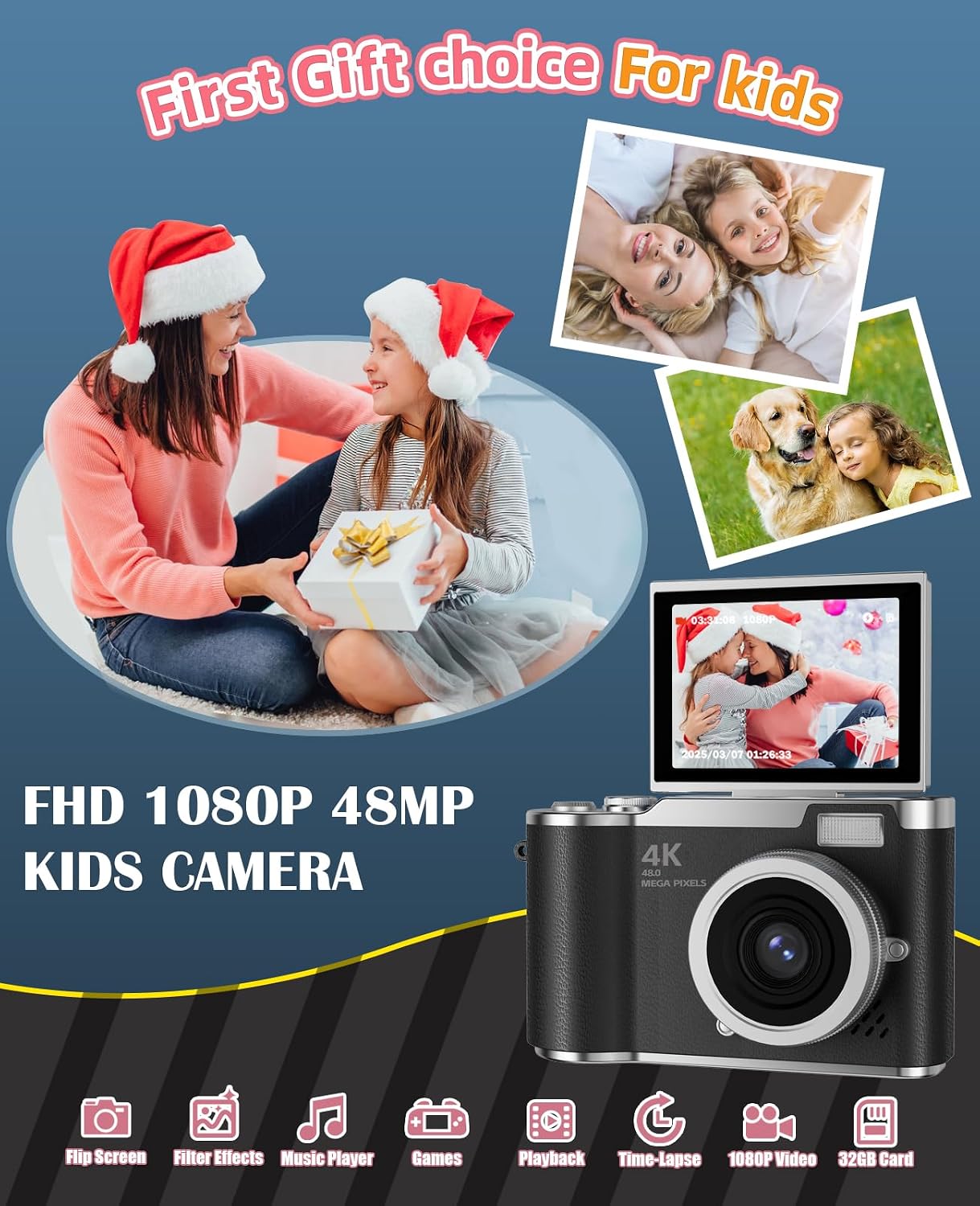 CÁMARA PARA NIÑOS, CÁMARA DIGITAL 4K PARA FOTOGRAFÍA, CÁMARA DE VIDEO SELFIE HD 1080P DE 48MP, CON PANTALLA GIRATORIA DE 180 - 6