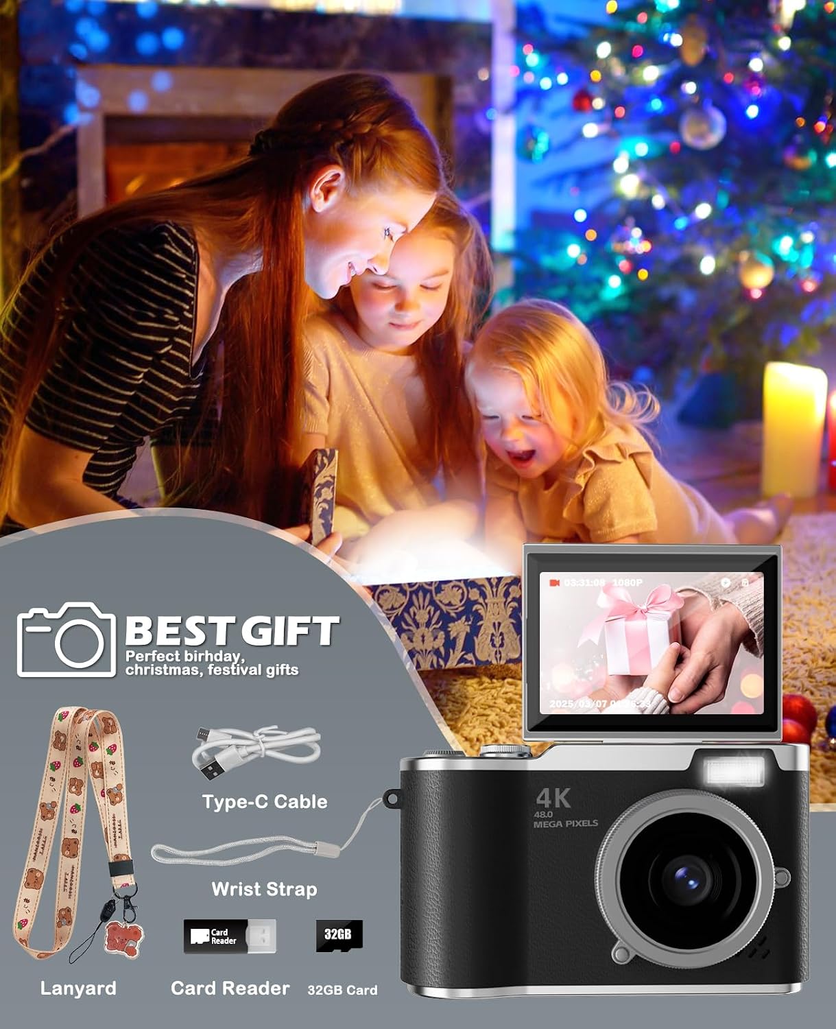 CÁMARA PARA NIÑOS, CÁMARA DIGITAL 4K PARA FOTOGRAFÍA, CÁMARA DE VIDEO SELFIE HD 1080P DE 48MP, CON PANTALLA GIRATORIA DE 180 - 7