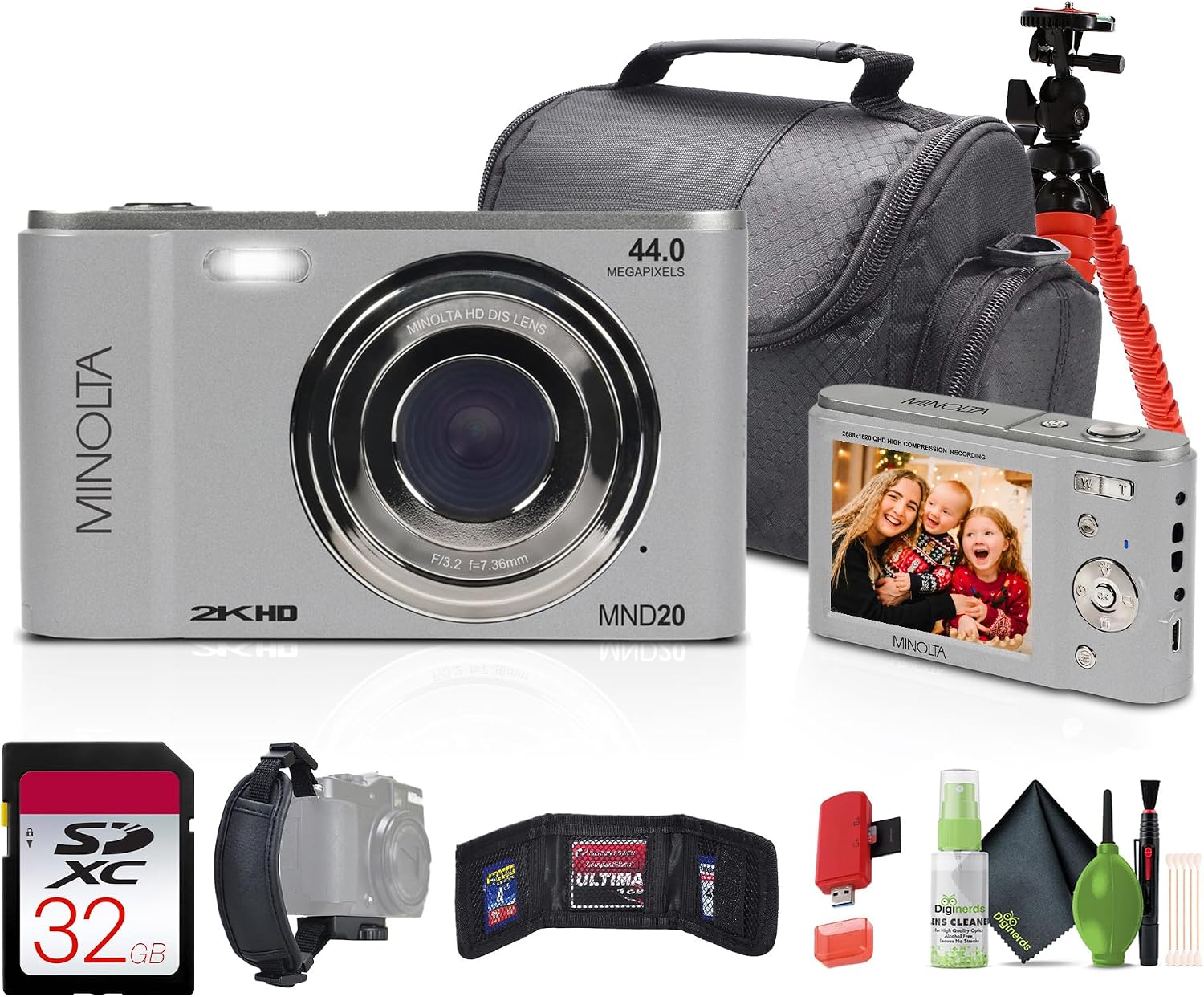 MINOLTA MND20 CÁMARA DIGITAL QUAD HD DE 44 MP / 2.7K PLATEADO TARJETA DE MEMORIA DE 32 GB TRÍPODE FLEXIBLE DE 12 PULGADAS - 1