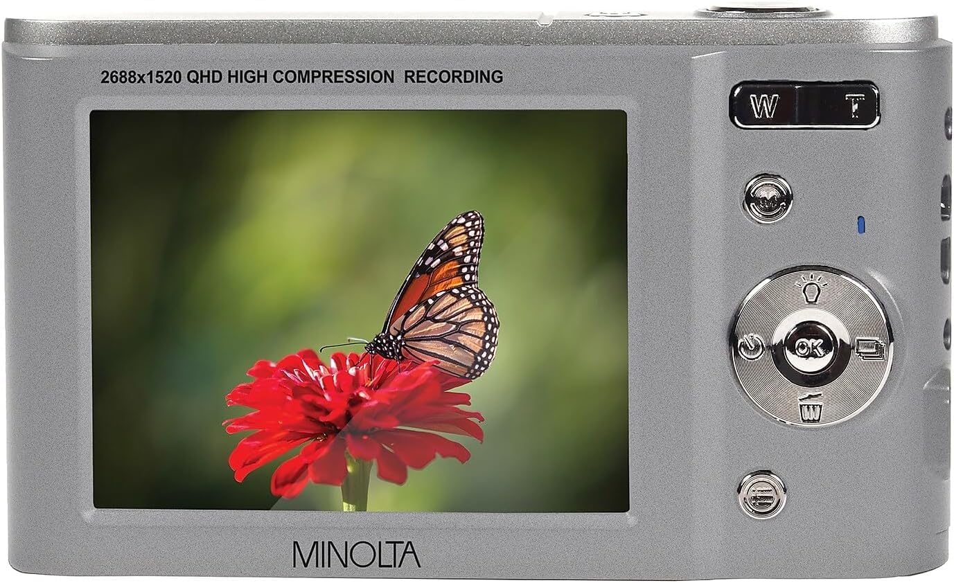 MINOLTA MND20 CÁMARA DIGITAL QUAD HD DE 44 MP / 2.7K PLATEADO TARJETA DE MEMORIA DE 32 GB TRÍPODE FLEXIBLE DE 12 PULGADAS - 4