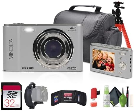 MINOLTA MND20 CÁMARA DIGITAL QUAD HD DE 44 MP / 2.7K PLATEADO TARJETA DE MEMORIA DE 32 GB TRÍPODE FLEXIBLE DE 12 PULGADAS - 7