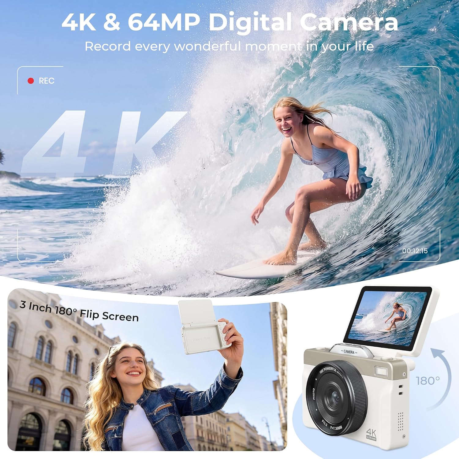 CÁMARA DIGITAL 4K PARA FOTOGRAFÍA, 2026, CÁMARA WIFI DE ENFOQUE AUTOMÁTICO DE 64 MP PARA YOUTUBE, CÁMARA DE VIAJE COMPACTA - 2