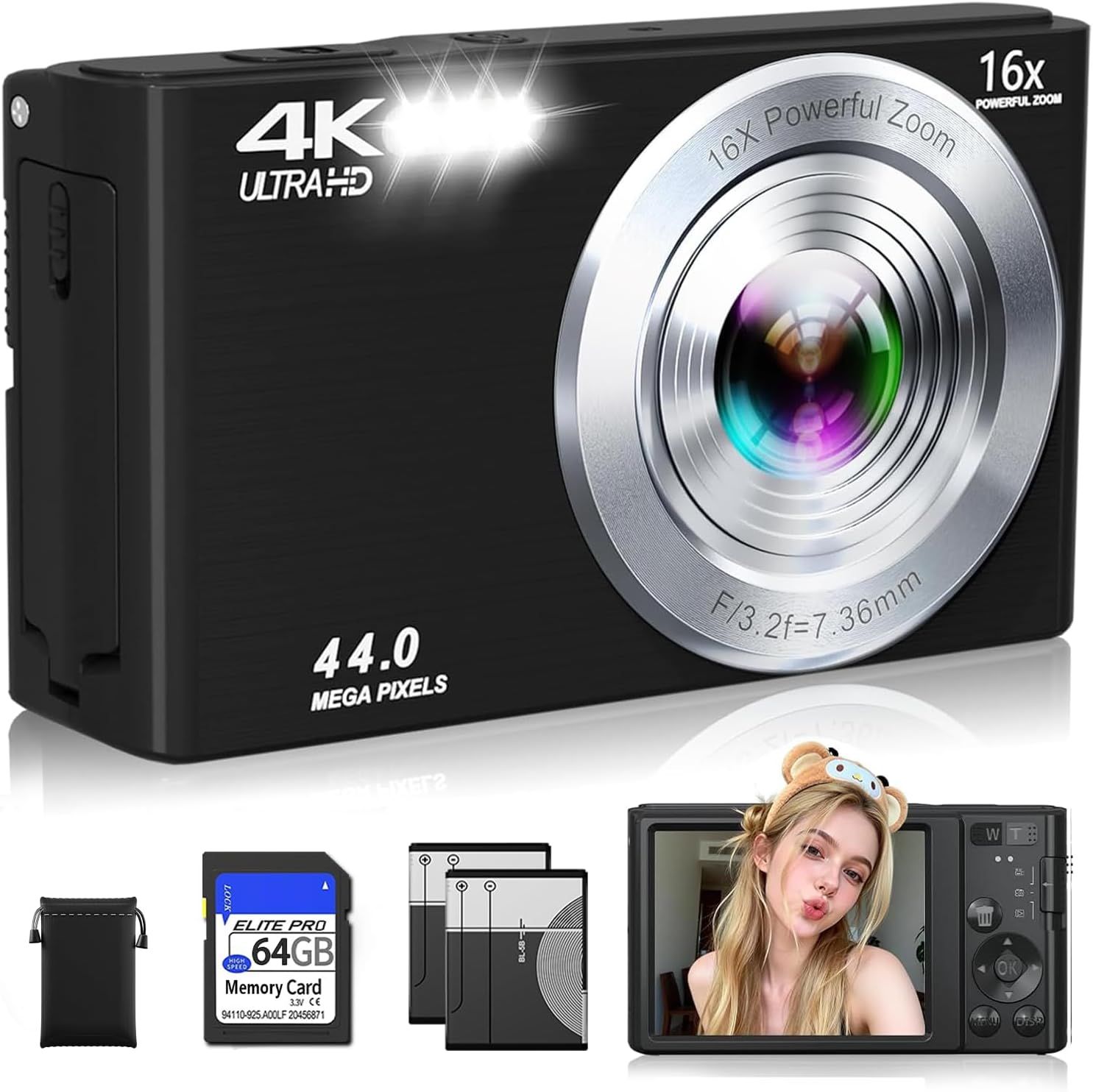CÁMARA DIGITAL 4K, CÁMARA DIGITAL COMPACTA DIGITAL DE ENFOQUE AUTOMÁTICO, ZOOM DIGITAL DE 16X, CÁMARA DE VIAJE MEJORADA - 1