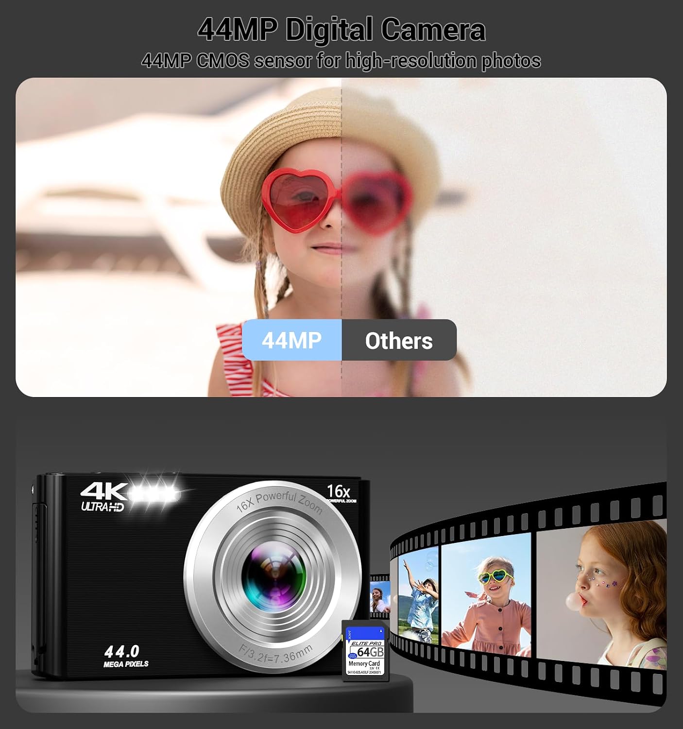 CÁMARA DIGITAL 4K, CÁMARA DIGITAL COMPACTA DIGITAL DE ENFOQUE AUTOMÁTICO, ZOOM DIGITAL DE 16X, CÁMARA DE VIAJE MEJORADA - 3