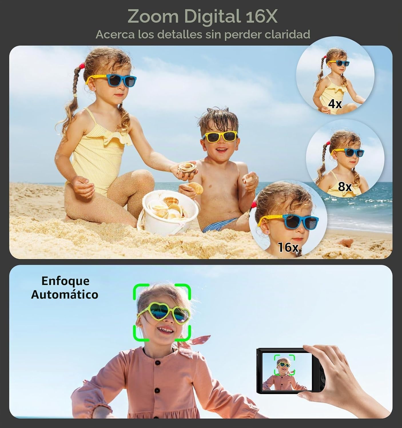 CÁMARA DIGITAL 4K, CÁMARA DIGITAL COMPACTA DIGITAL DE ENFOQUE AUTOMÁTICO, ZOOM DIGITAL DE 16X, CÁMARA DE VIAJE MEJORADA - 5