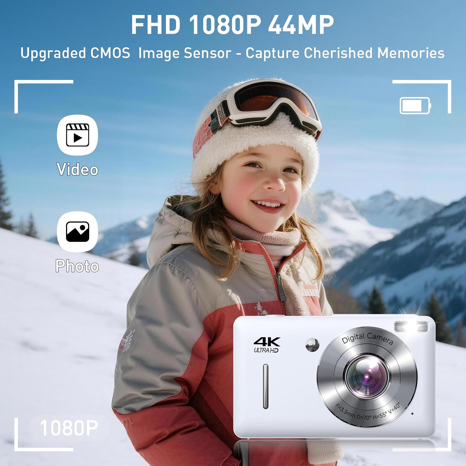 CÁMARA DIGITAL, 44MP FHD 1080P APUNTA Y DISPARA, CÁMARA DIGITAL CON ANTIVIBRACIÓN, PEQUEÑA CÁMARA DIGITAL CON DETECCIÓN - 2