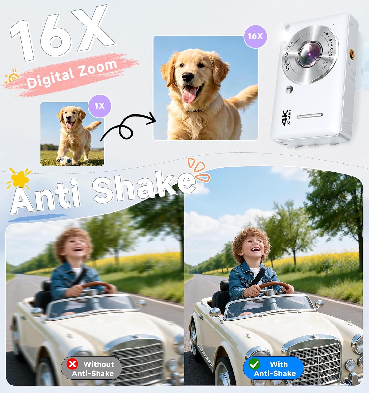 CÁMARA DIGITAL, 44MP FHD 1080P APUNTA Y DISPARA, CÁMARA DIGITAL CON ANTIVIBRACIÓN, PEQUEÑA CÁMARA DIGITAL CON DETECCIÓN - 3
