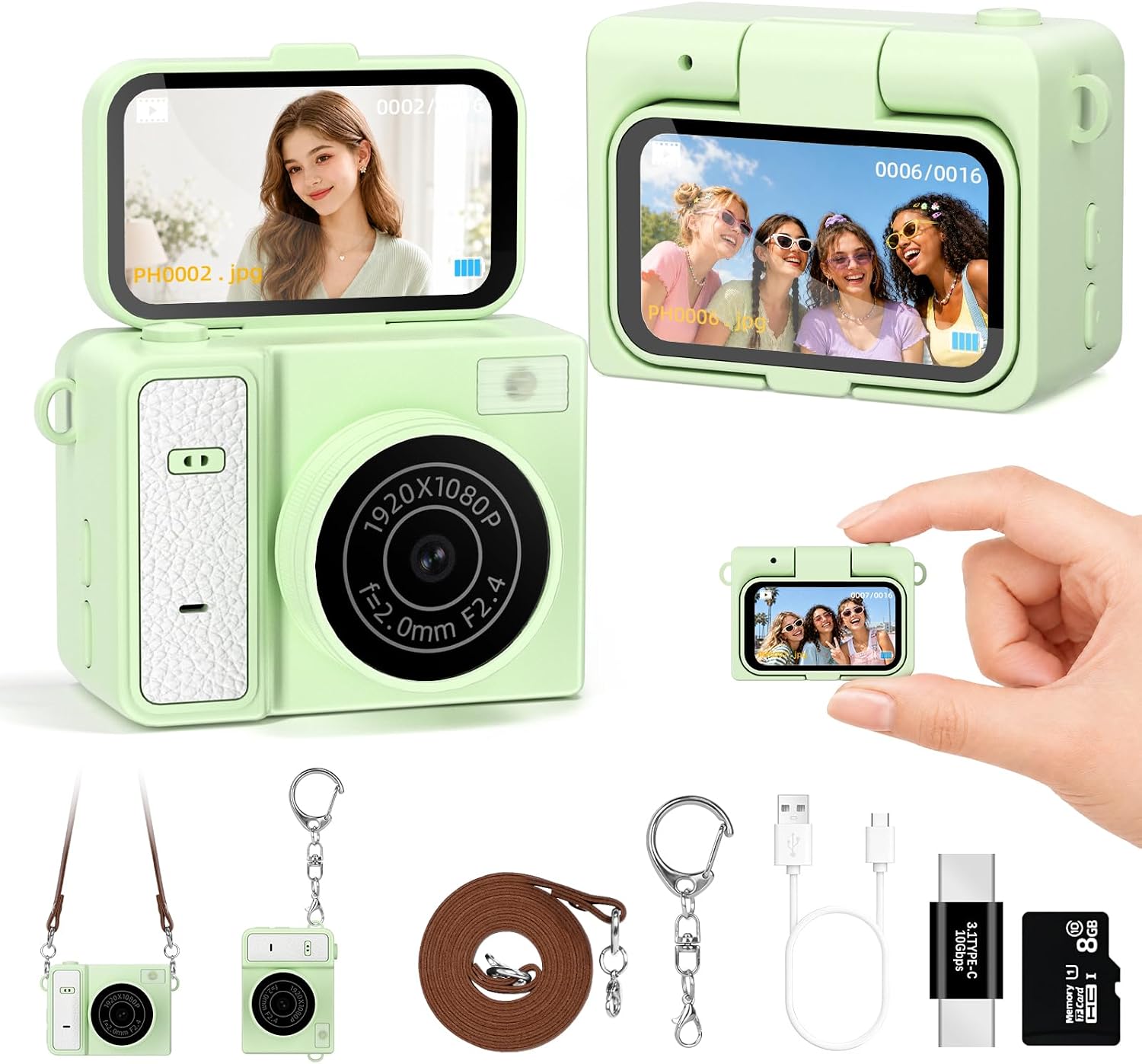 MINI CÁMARA DIGITAL CON LLAVERO, MINI CÁMARA VERDE CON PANTALLA FILP, CÁMARA PEQUEÑA DE 1 MP 1080P, TARJETA DE 8 GB, - 1