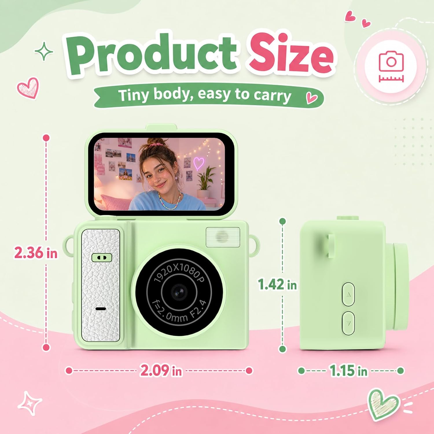 MINI CÁMARA DIGITAL CON LLAVERO, MINI CÁMARA VERDE CON PANTALLA FILP, CÁMARA PEQUEÑA DE 1 MP 1080P, TARJETA DE 8 GB, - 3