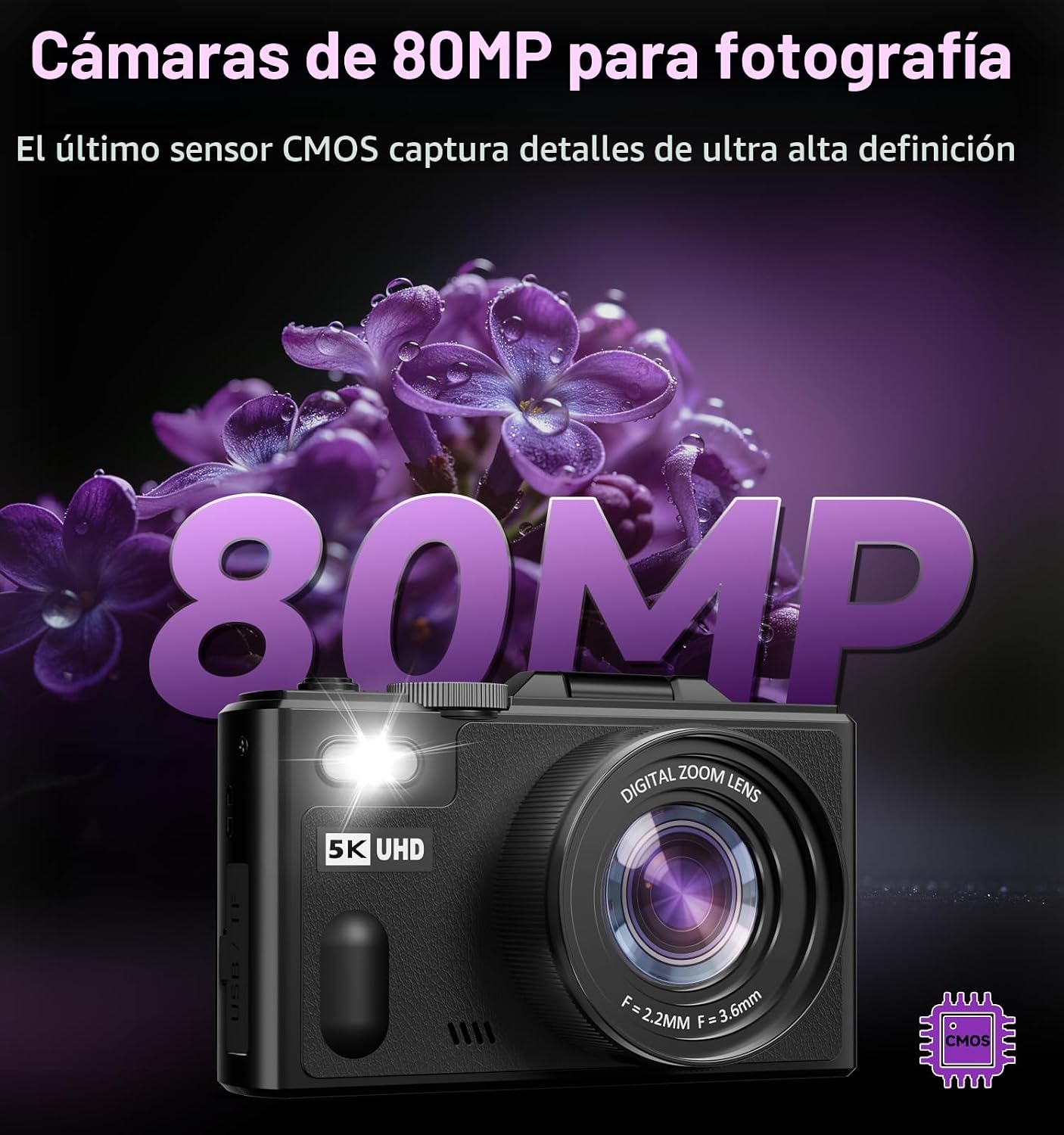 CÁMARA DIGITAL, CÁMARA DIGITAL DE 5K 80MP PARA FOTOGRAFÍA CON PANTALLA ABATIBLE DE 3 PULGADAS Y 180 CON ZOOM DE 18X, TARJETA - 2