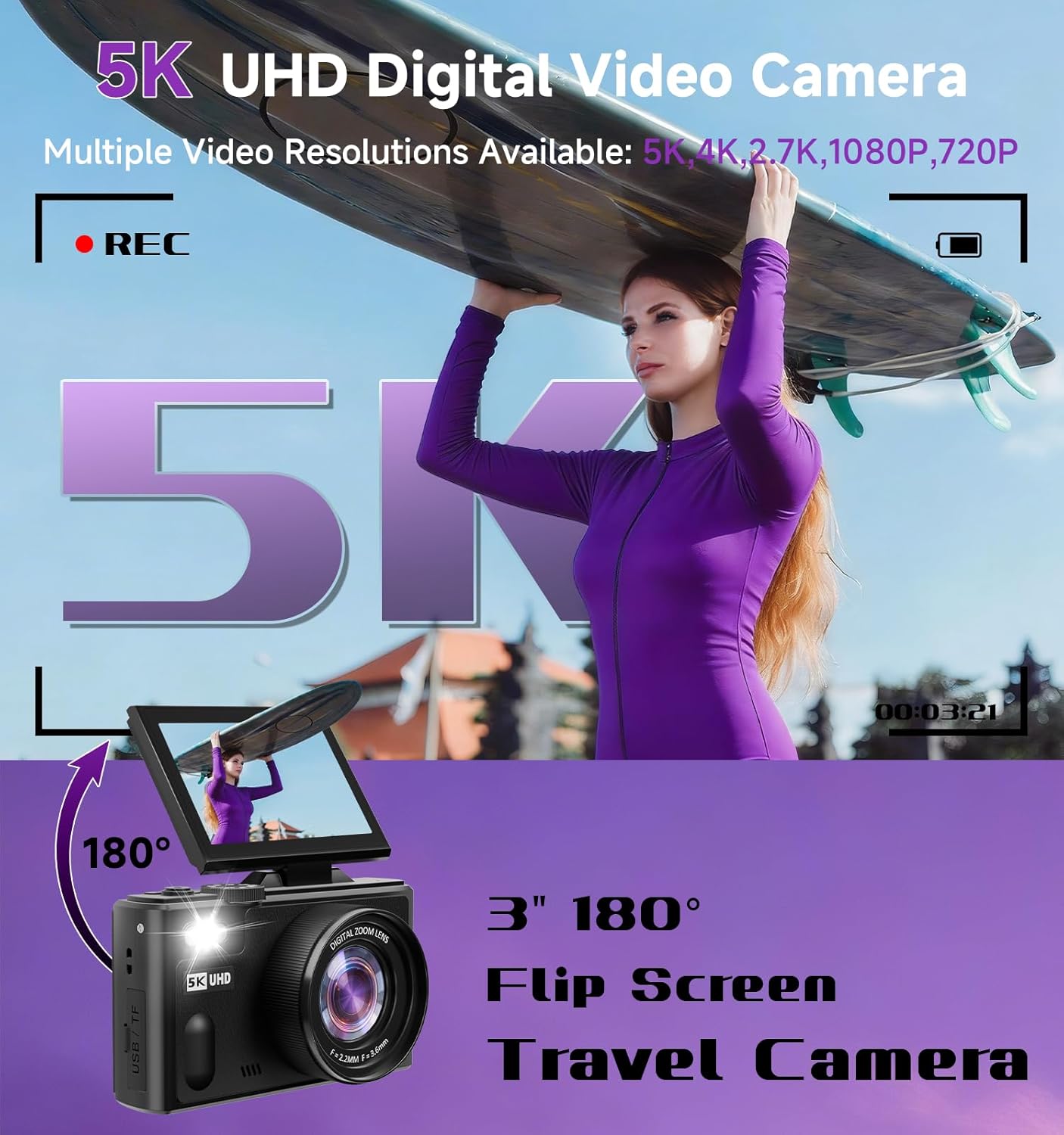 CÁMARA DIGITAL, CÁMARA DIGITAL DE 5K 80MP PARA FOTOGRAFÍA CON PANTALLA ABATIBLE DE 3 PULGADAS Y 180 CON ZOOM DE 18X, TARJETA - 3