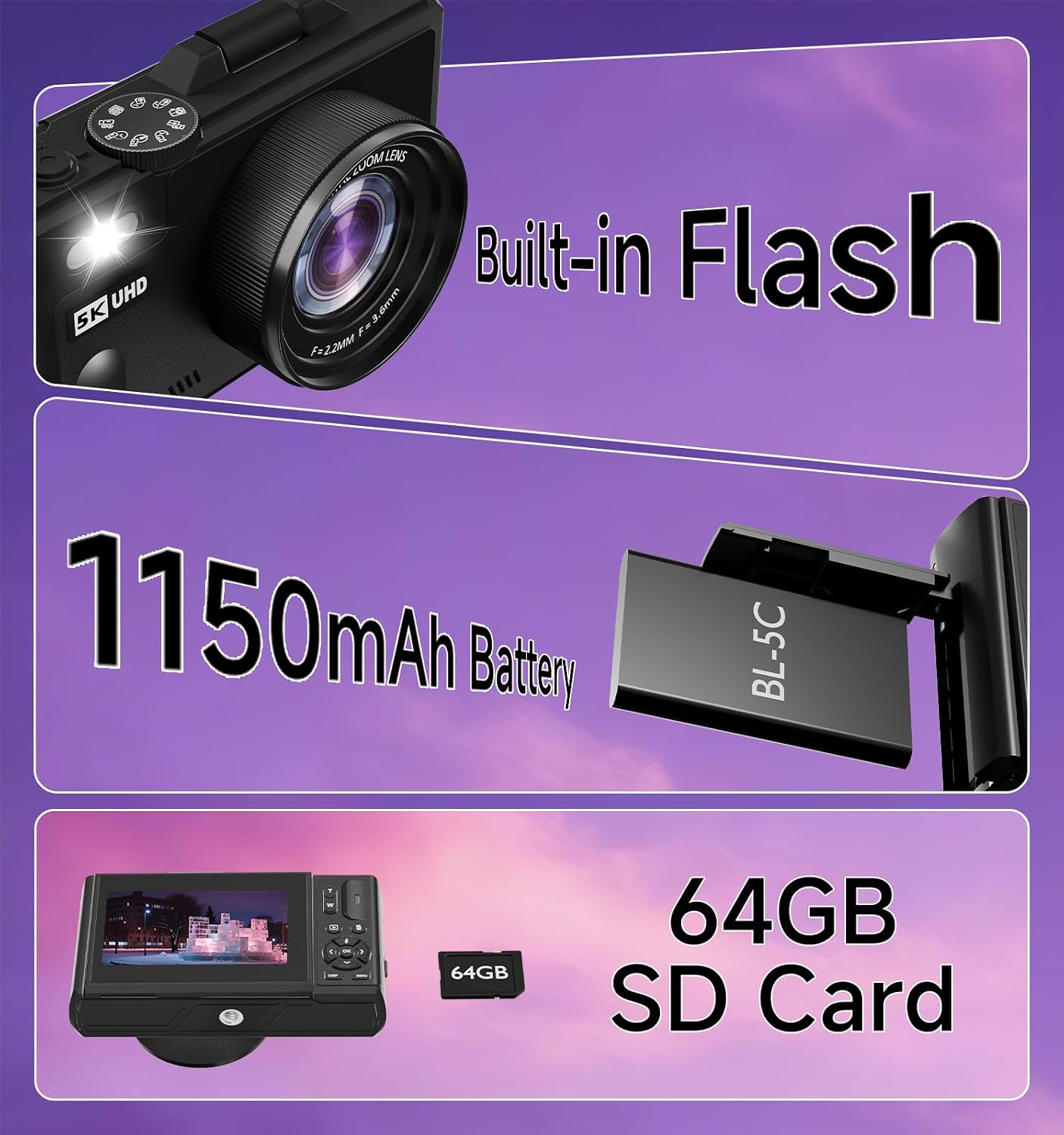 CÁMARA DIGITAL, CÁMARA DIGITAL DE 5K 80MP PARA FOTOGRAFÍA CON PANTALLA ABATIBLE DE 3 PULGADAS Y 180 CON ZOOM DE 18X, TARJETA - 7