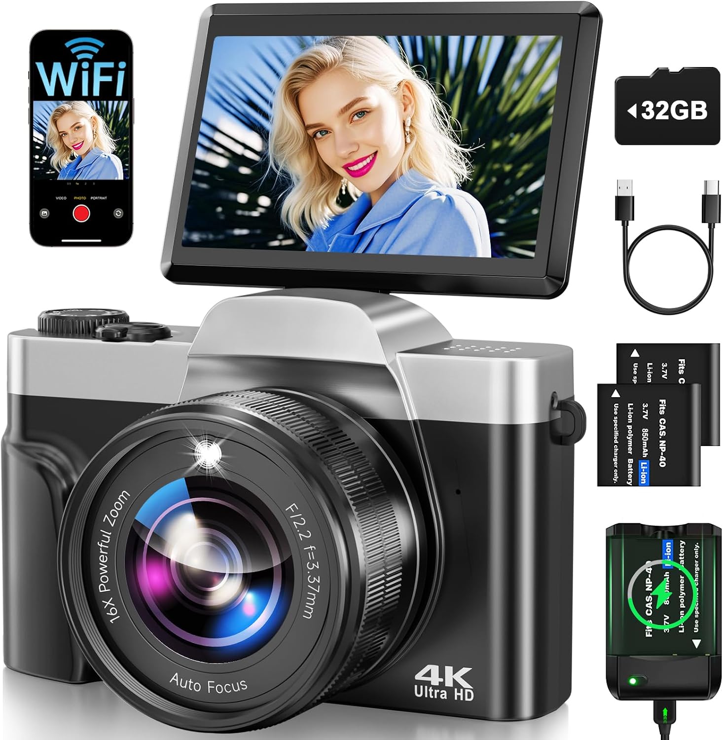CÁMARA DIGITAL 4K PARA FOTOGRAFÍA CON WIFI 64MP CÁMARA DE VLOGGING DE ENFOQUE AUTOMÁTICO PARA VIDEO DE YOUTUBE DE 3 - 1