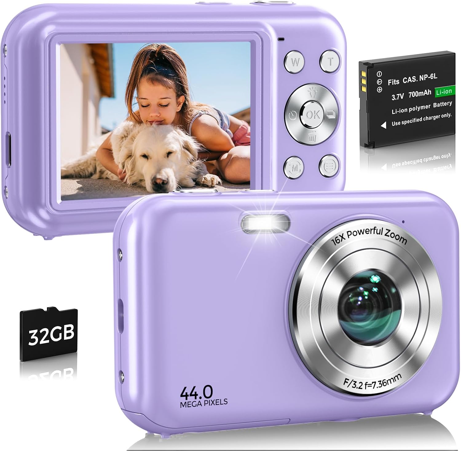 CÁMARA DIGITAL, FHD 1080P 44MP CÁMARA DE VLOGGING CON TARJETA DE 32 GB, ZOOM 16X ANTIVIBRACIÓN, CÁMARA DIGITAL COMPACTA - 1