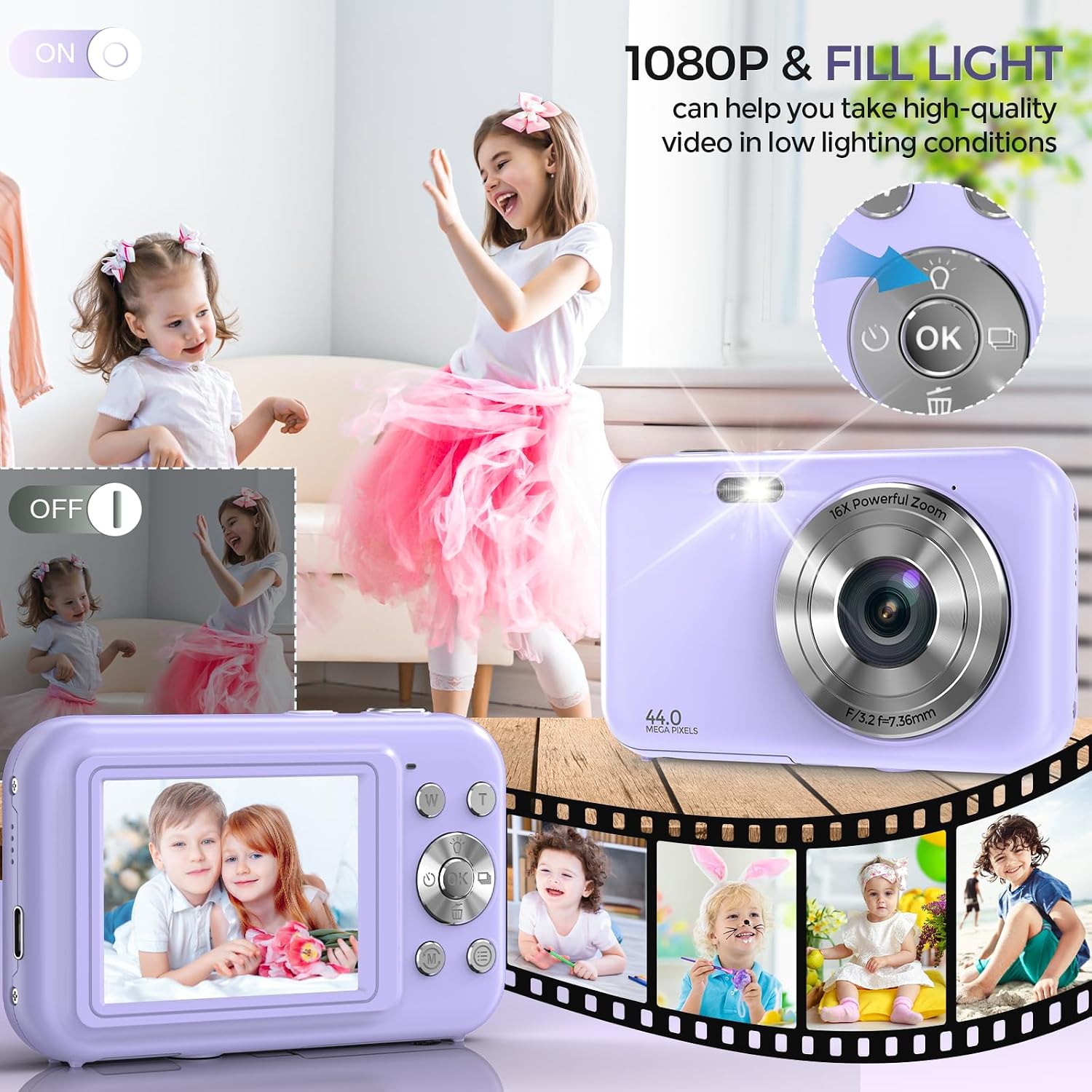 CÁMARA DIGITAL, FHD 1080P 44MP CÁMARA DE VLOGGING CON TARJETA DE 32 GB, ZOOM 16X ANTIVIBRACIÓN, CÁMARA DIGITAL COMPACTA - 3