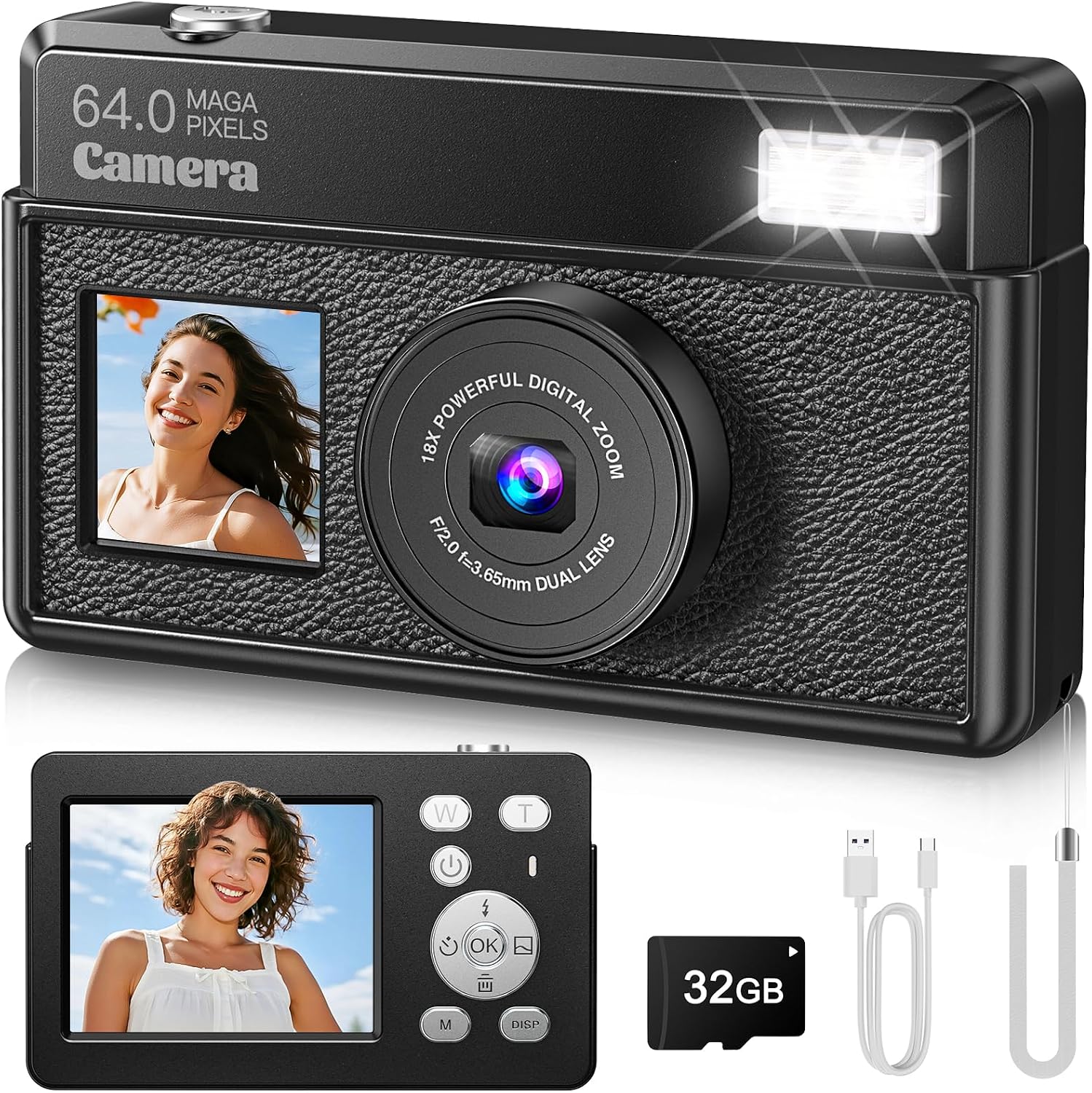 CÁMARAS DIGITALES 4K PARA FOTOGRAFÍA, CÁMARA COMPACTA DE ENFOQUE AUTOMÁTICO UHD DE 64 MP CON TARJETA SD DE 32 GB, PANTALLA - 1