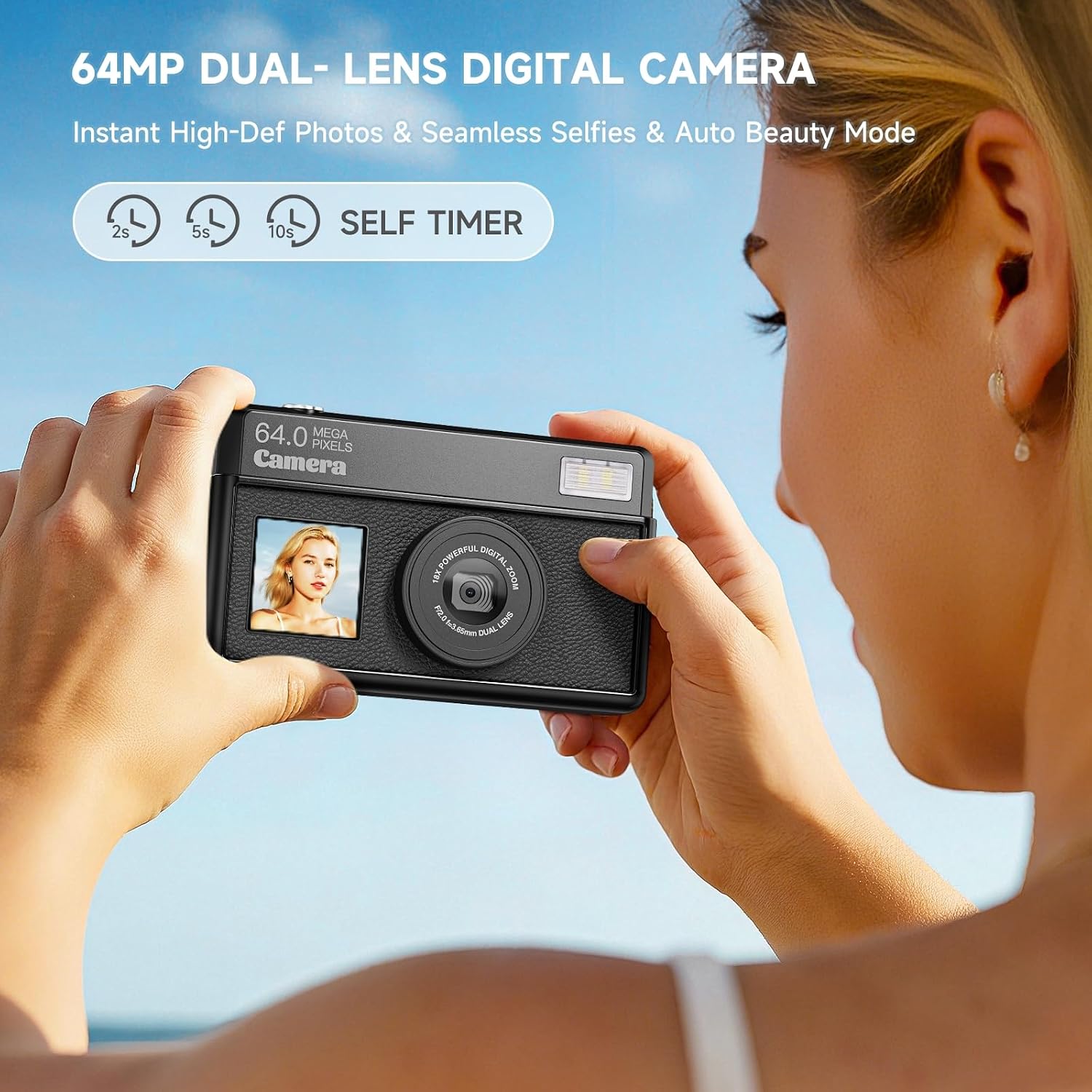 CÁMARAS DIGITALES 4K PARA FOTOGRAFÍA, CÁMARA COMPACTA DE ENFOQUE AUTOMÁTICO UHD DE 64 MP CON TARJETA SD DE 32 GB, PANTALLA - 3