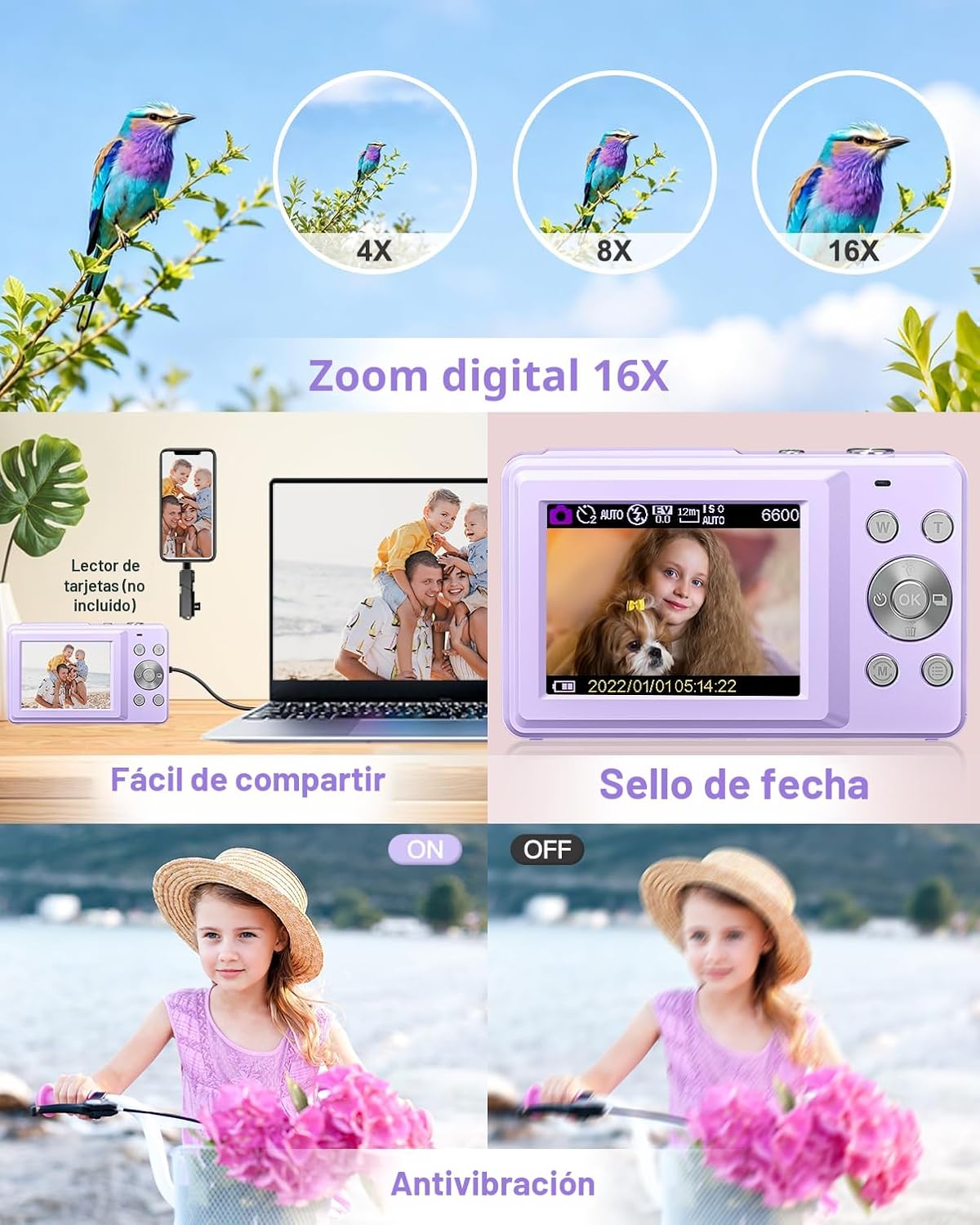 CÁMARA DIGITAL, FHD 1080P - CÁMARA DE APUNTAR Y DISPARAR PARA NIÑOS, ADOLESCENTES, CON TARJETA DE 32 GB, ZOOM 16X, SELLO - 5